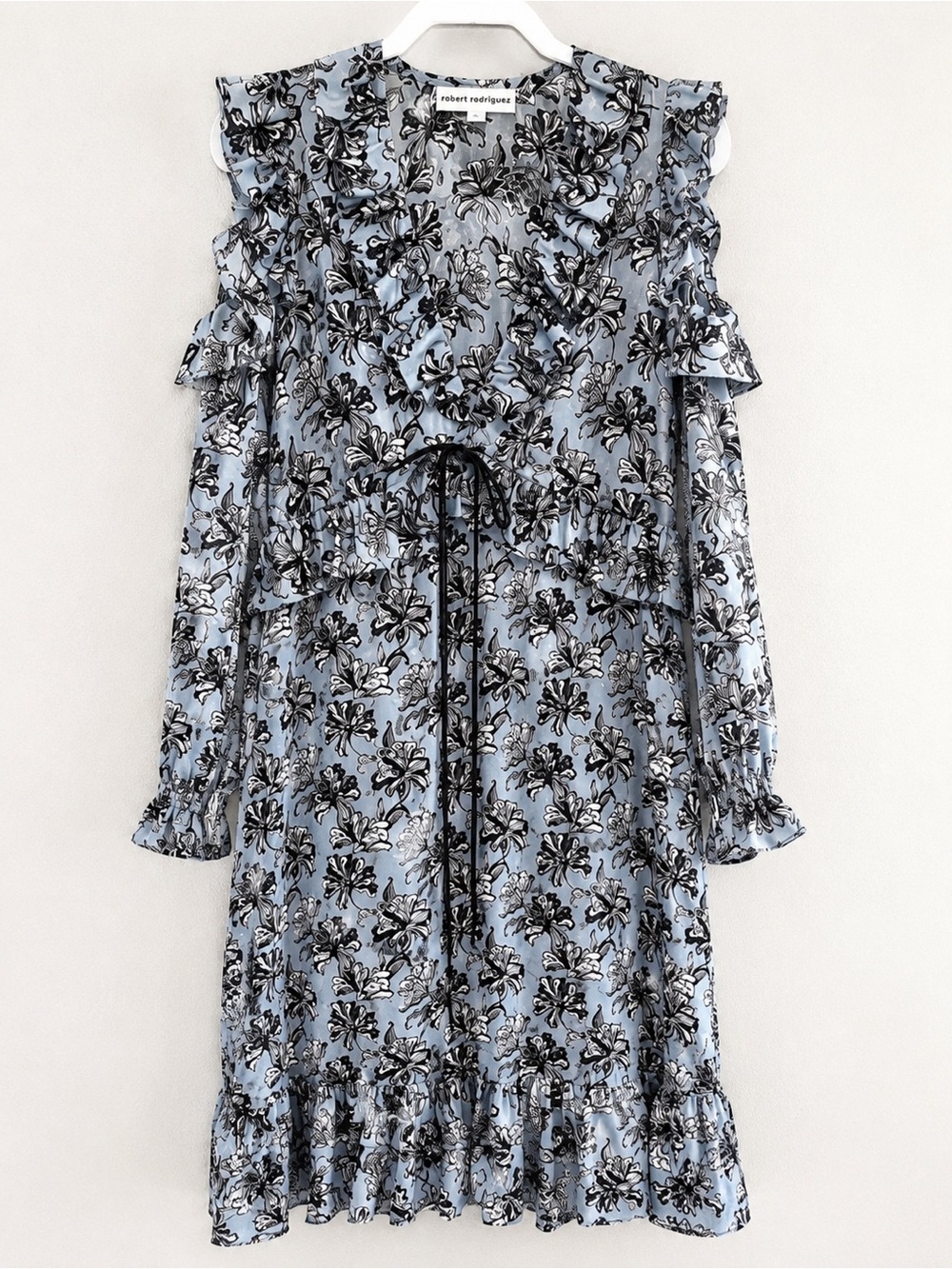Robert Rodriguez Silk Floral Ruffle Cold Shoulder Midi Dress Blue Black Size 8